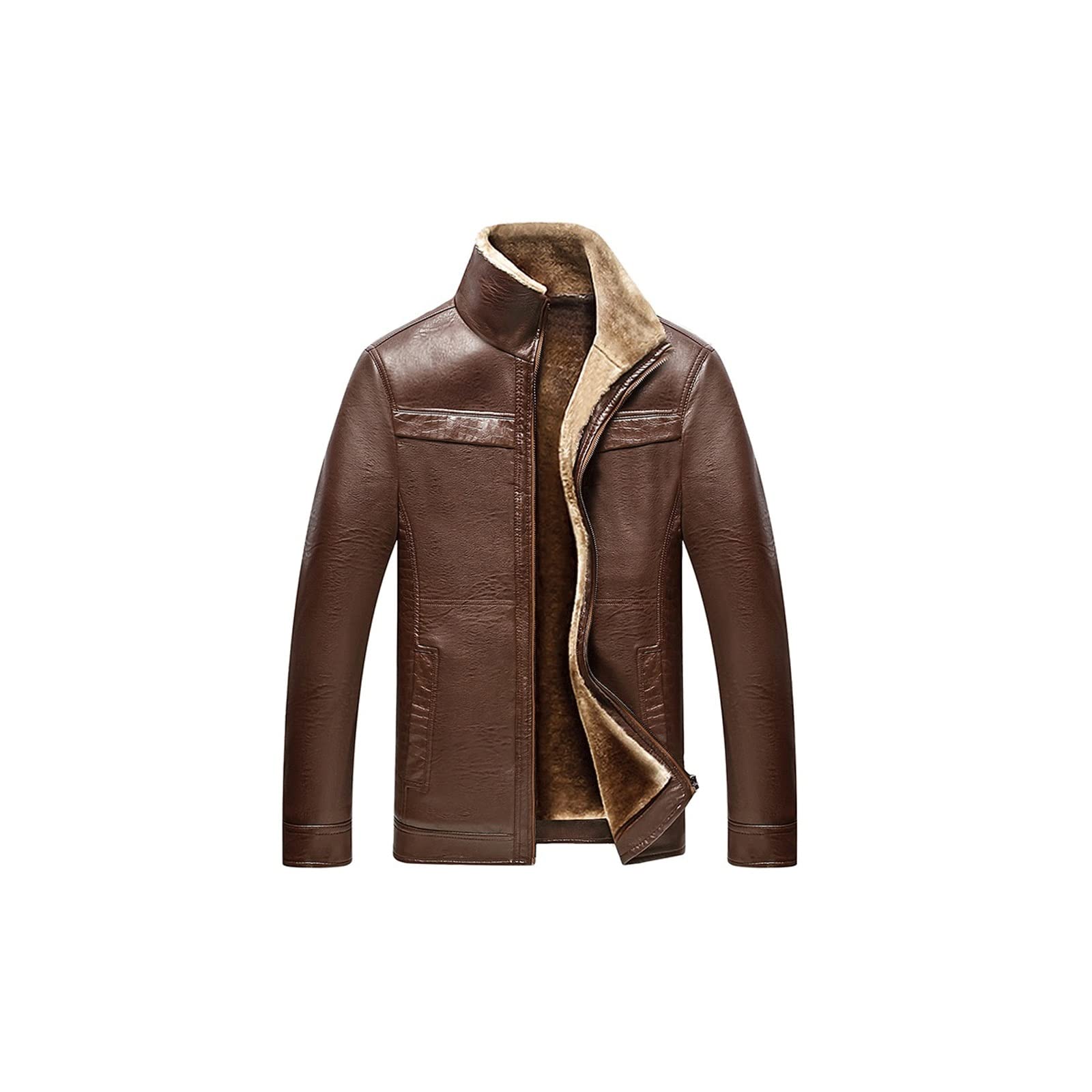 HORACO Men's Jacket Business Casual Winter Very Warm Thick Faux Fur Leather Jacket Faux Leather Coat (Color : Brown, Size : Size 54)