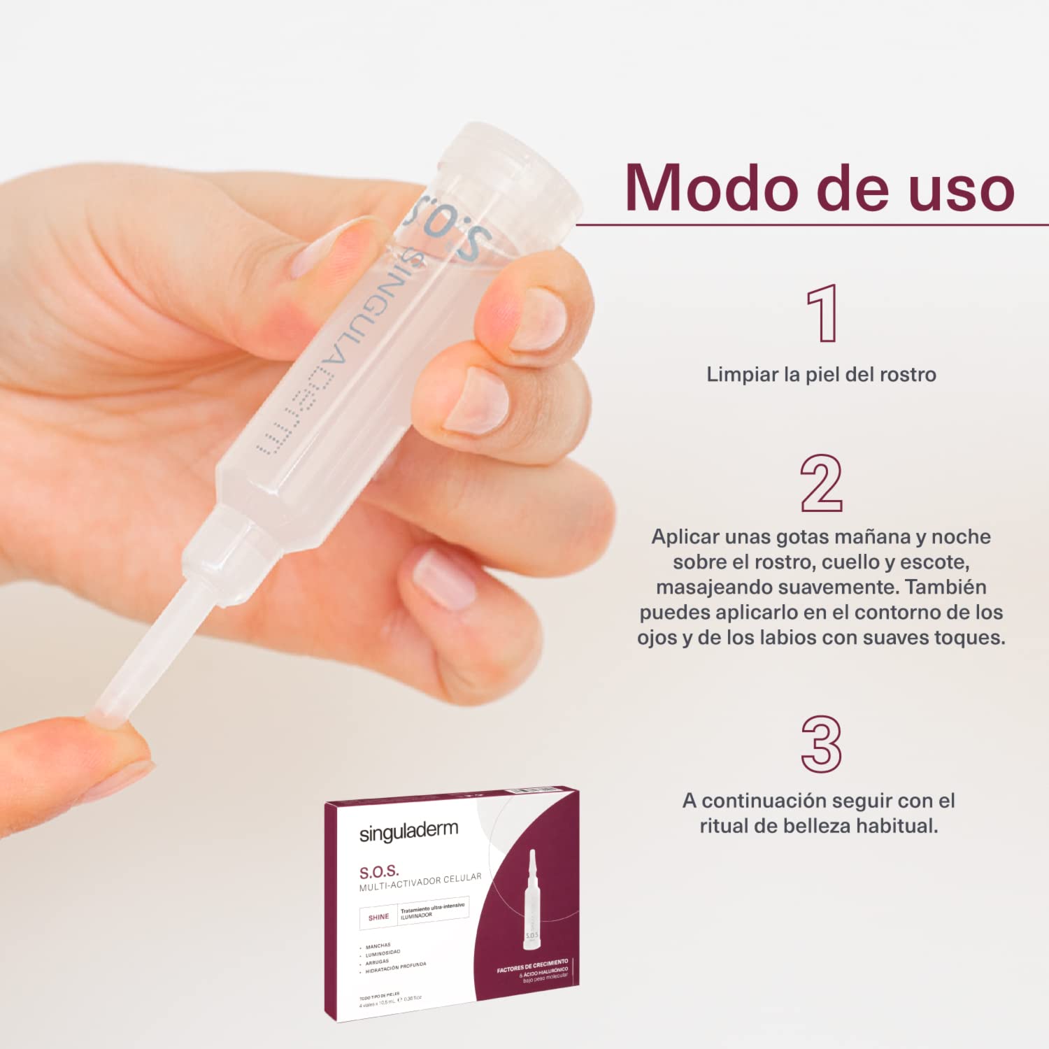 Singuladerm - S.O.S Shine 4 viales x 10,5 ml cada uno - Sérum antiedad con Factores de Crecimiento Naturales y Ácido Hialurónico para piel con manchas