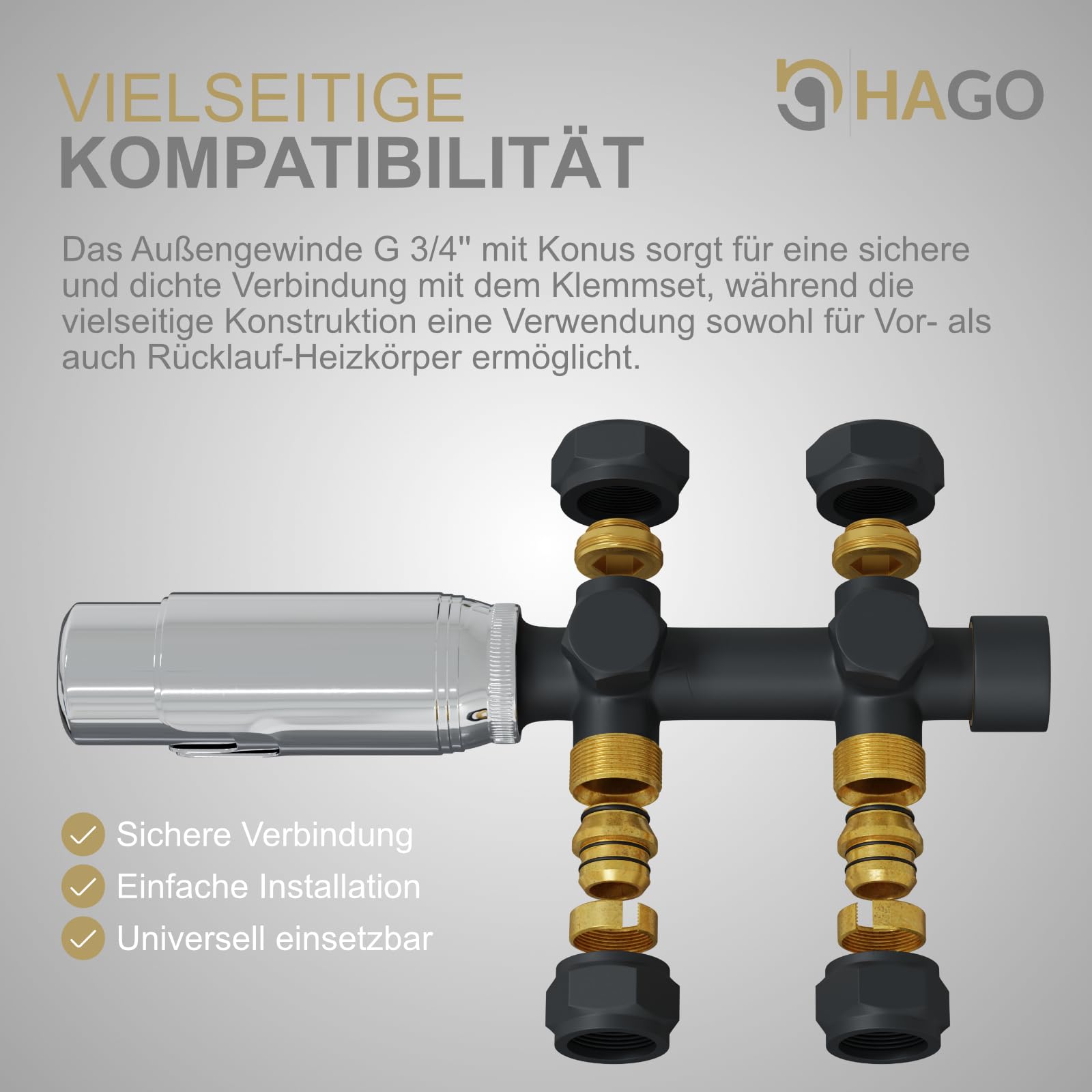 HAGO 24, valvola termostatica, termosifone, attacco centrale da 50 mm, universale, antracite, forma angolare, forma passante, sensore idrosensore, protezione antigelo, 5 livelli