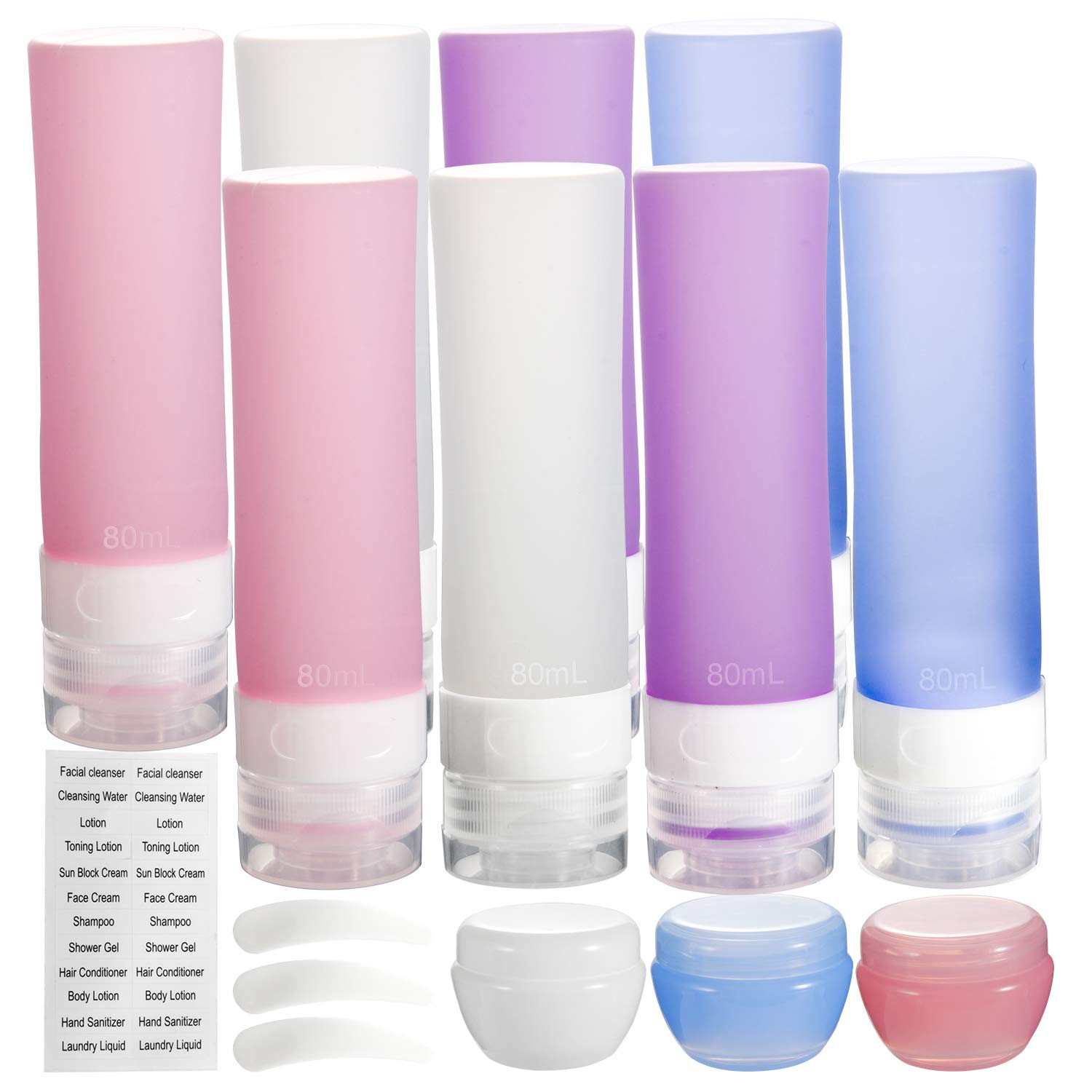 15 Pack Travel Bottles, RUCKAE Travel Size Bottles TSA Approved, Travel Shampoo And Conditioner Bottles 8 PACK + Face Cream Jar 3 PACK, Leak Proof Silicone Travel Size Containers Perfect for Traveling