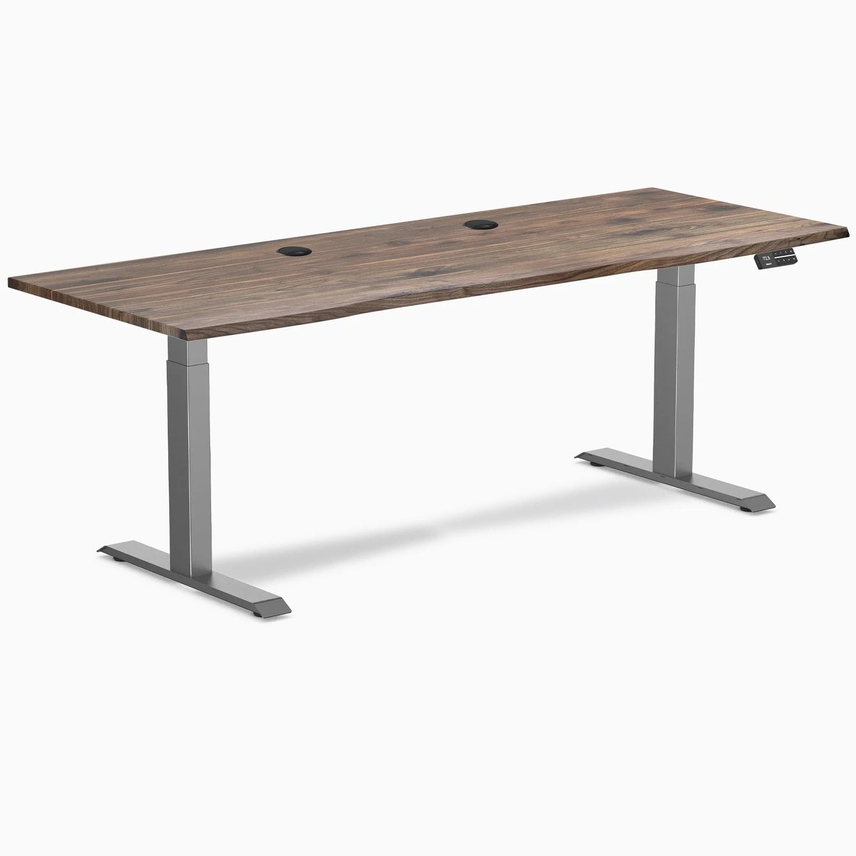 Desky Dual Laminate Sit Stand Desk Natural Walnut 78.7" Grommets Space Gray