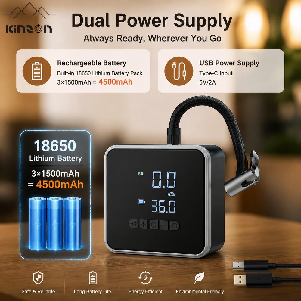 KinZon Gonfiatore Pneumatici Auto 150 PSI, Mini Compressore D'Aria Portatile Ricaricabile Senza Fili e 12 V, Spegnimento Automatico, Schermo Digitale, Lampada LED per Auto, Moto, Bicicletta