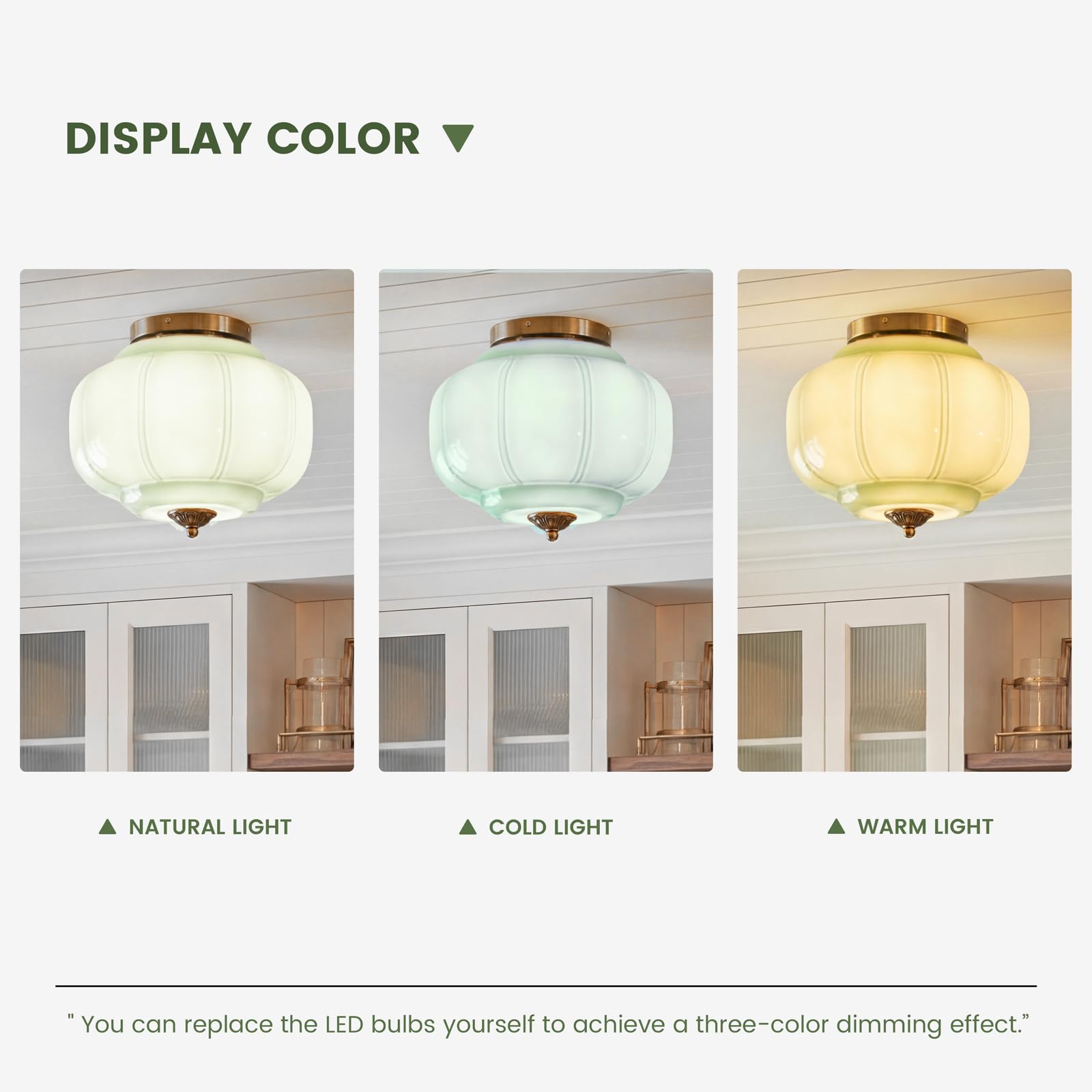 Milk Glass Ceiling Light Fixture - Farmhouse Antique Brass Semi Flush Mount Ceiling Light for Kitchen, Hallway, and Bedroom (Green 15 inch) — view 8