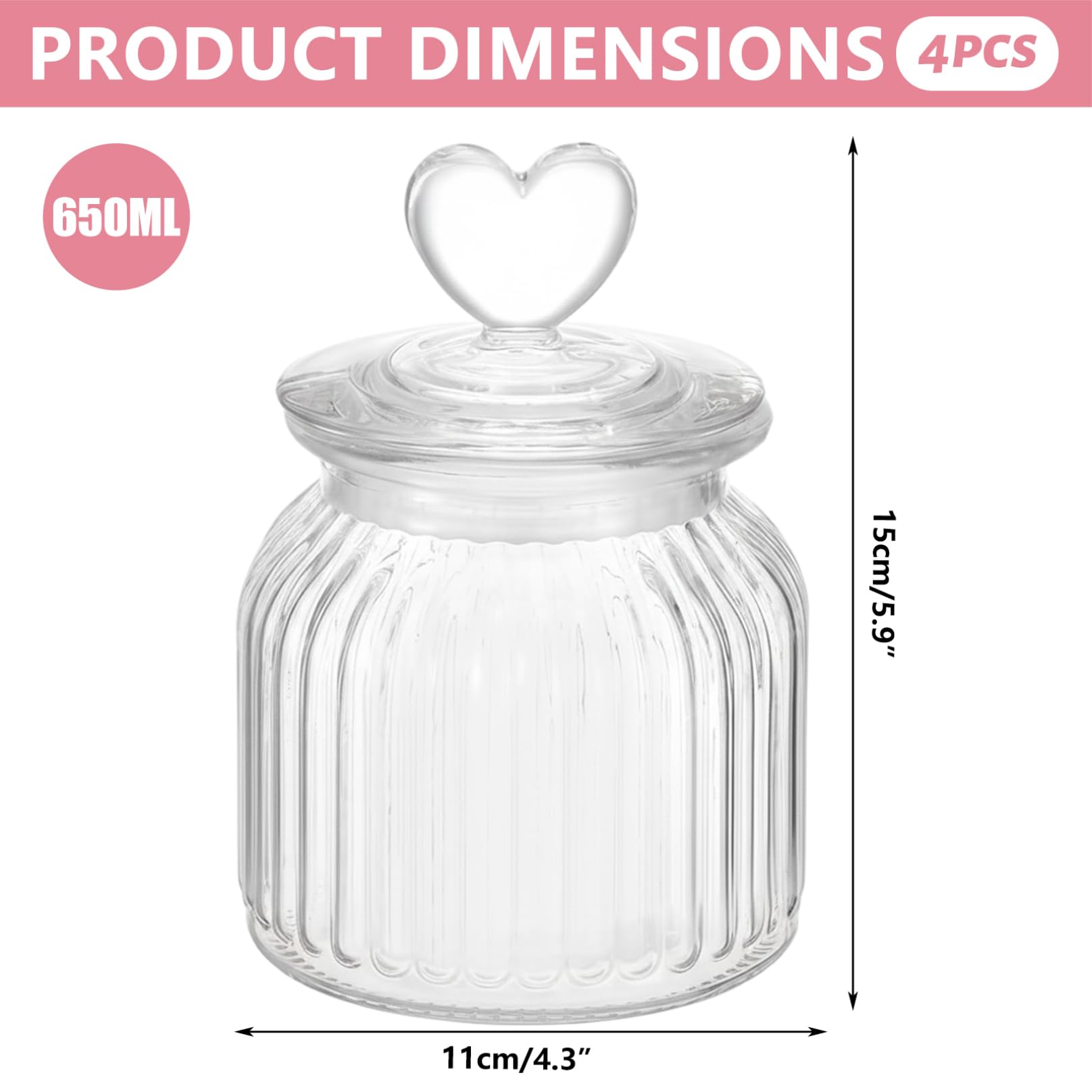 Lot de 4 bocaux à bonbons en verre transparent avec couvercles en forme de cœur avec couvercles - Bocaux à biscuits en verre texturé à rayures décoratives pour mariage, Saint-Valentin, fête