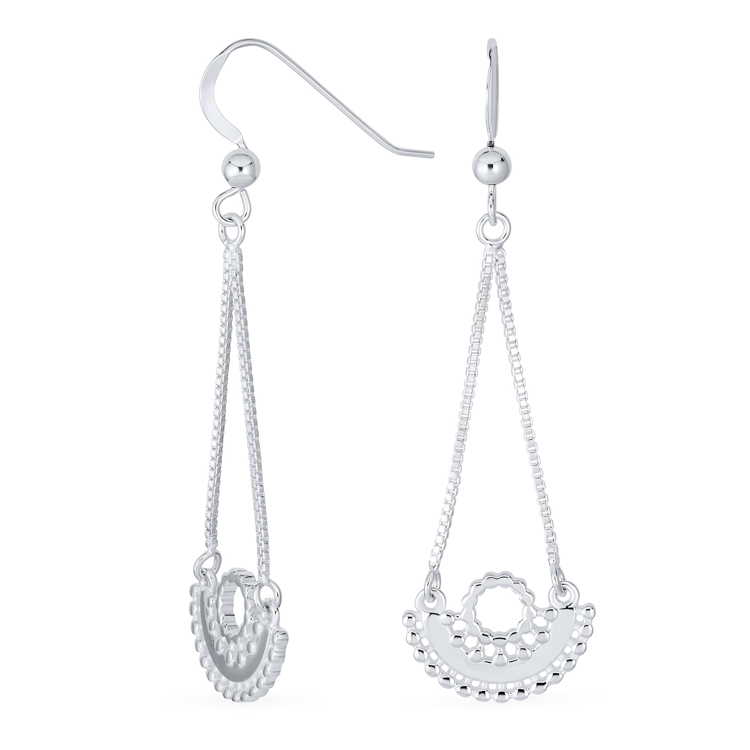 Bling JewelryBoho Artisan Half Moon Shape Dangling Chain Tribal Mandala Sanskrit Circle Flower Blossom Swirl Wire Spiral Pull Through Hoop Threader Earrings For Women Teen .925 Sterling Silver