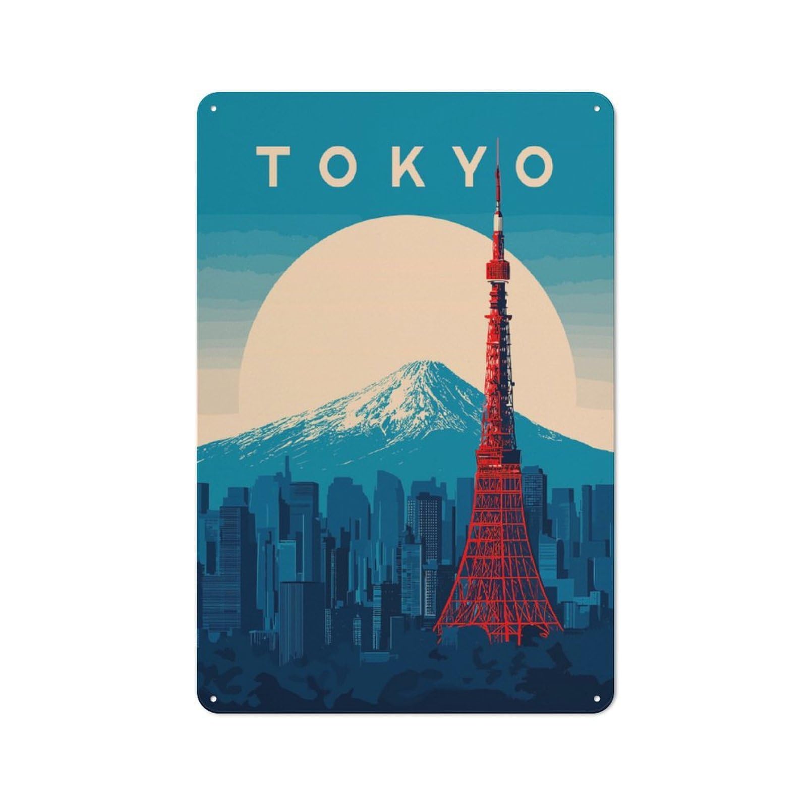 Junmoney Style-14 Urban Metal Wall Art Sign 30X20cm Featuring Tokyo Cityscape With Mount Fuji(4), Studio Wall Art For Modern Home, Workshop, Office Or Cafe