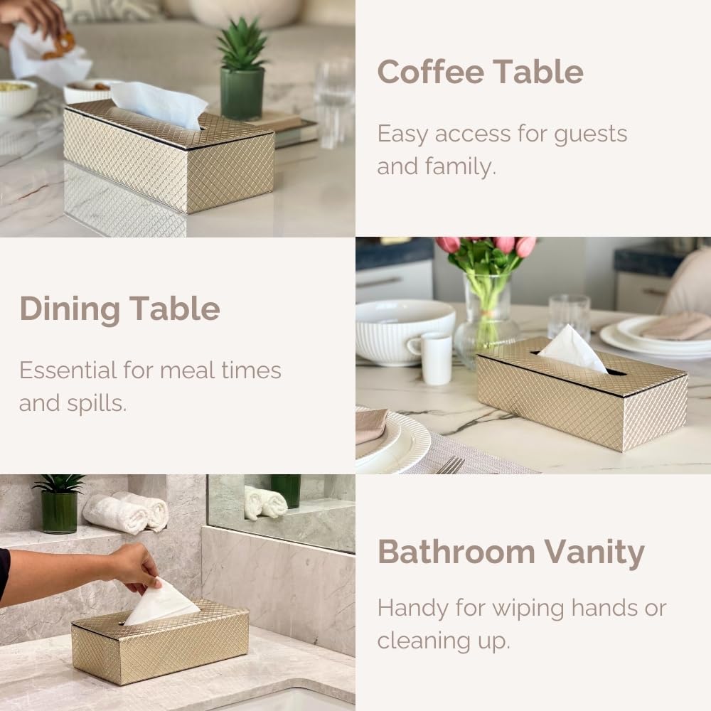 Mason Home Vegan Leather & MDF Braided Tissue Box - 1 Piece - L 10.5" x B 5.25" x H 3.5" | Paper Napkin Holder | Tissue Case - Dispenser - Organizer | Home - Office - Table - Car (Golden) 2