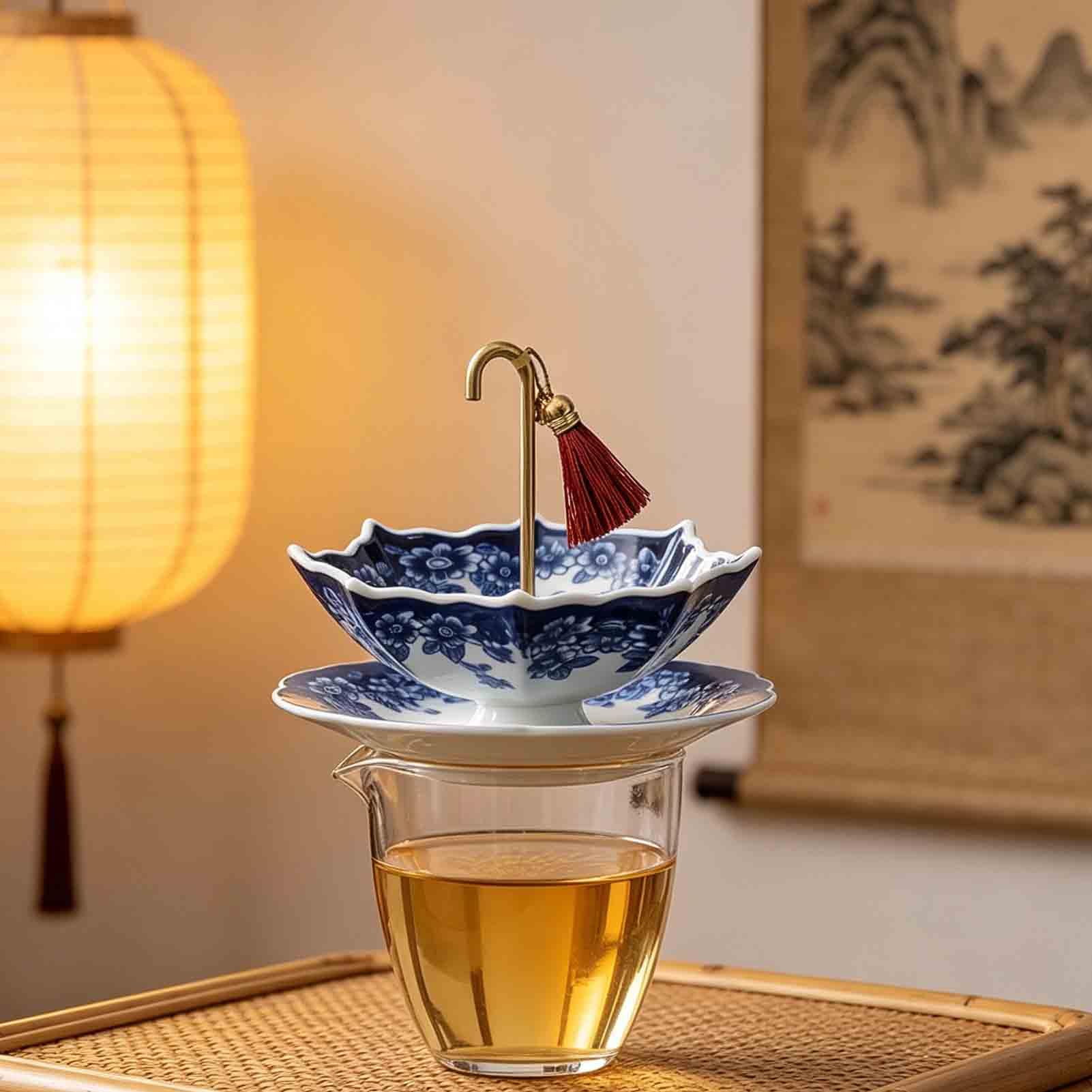 Colador de té, accesorios de té, porcelana azul y blanca, colador para prevención de fugas, infusor creativo de paraguas, filtro de hojas sueltas con diseño giratorio para preparar café