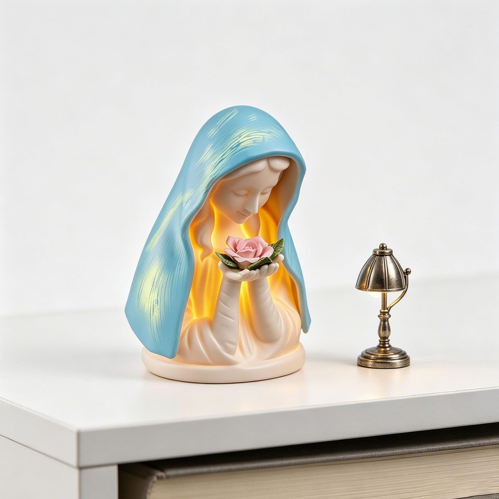 Virgin Mary Devotional Lamp, Elegant Religious Statue Light, Illuminated Religious Statue, Mary Prayer Statue Night Light for Home Bedside Desk Decor and Spiritual Comfort