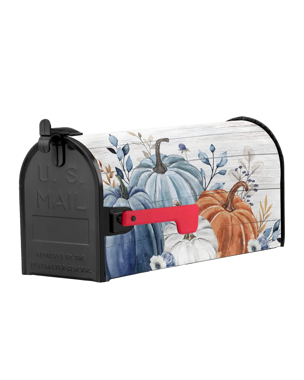 Thanksgiving Mailbox Covers Magnetic Mailbox Wraps, Fall Blue Pumpkin Leaves Grey Wood Grain Post Letter Box Cover for Garden Yard Outdoor Decor Standard Size 18x21 Inch