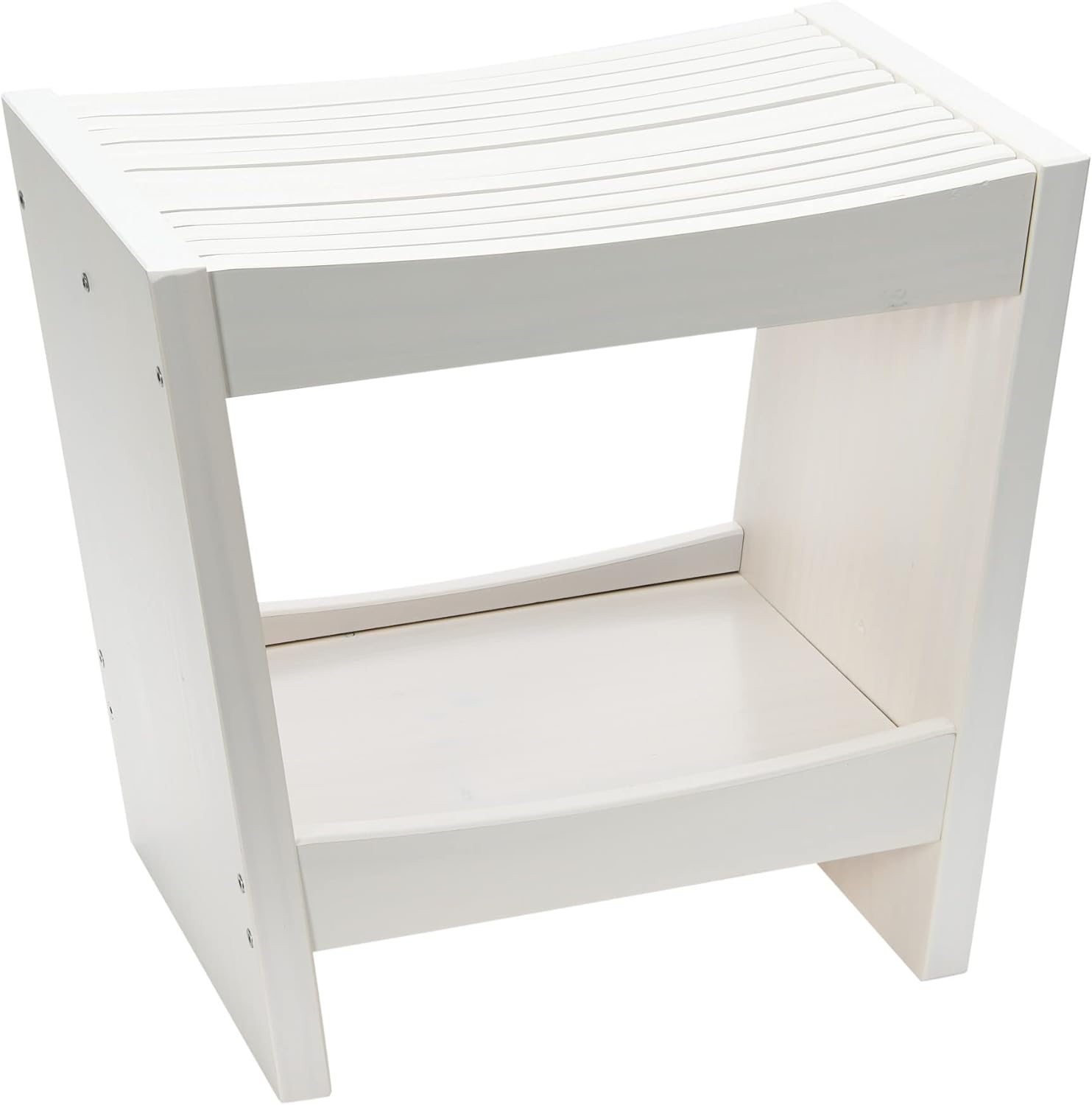 Creative Co-Op Modern Slatted Solid Wood Stool With Storage Shelf, White Finish