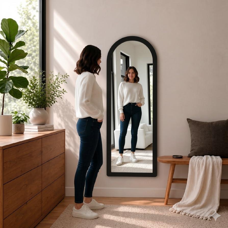 Image of Creative Arts n Frames 15x51 inch Long Fiber Wood Arched Wall Hanging Mount HD Mirror Home Decor Items Living Room Bathroom Bedroom Hotel Office (Classic Black Color Framed HD Arch Mirror)