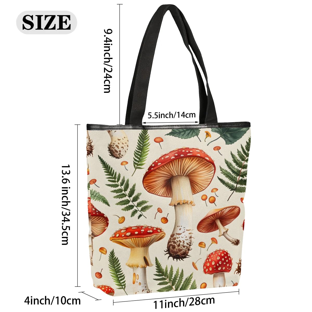 Watercolour Mushrooms Leaves Berries Canvas Tote Bag with Zipper and Pockets Canvas Tote Shopping Bag Women Reusable Grocery Bag for Beach Travel Gym Shopping
