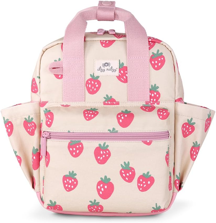 Toddler Backpack - Daycare Bag - Features Adjustable Shoulder Straps, 2 Side Pockets & Spacious Interior with Wipeable Fabric Lining & Name Label, Strawberry Backpack
