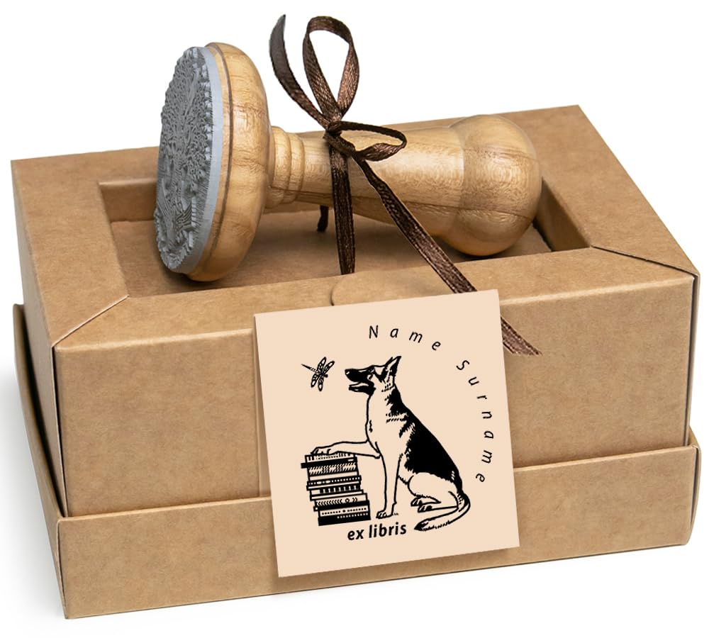 Pastore Tedesco Ex libris Personalizzabile, Timbro Cane e Libellula, Fatto a Mano Regali Amanti Cani Libri in Scatola Regalo Speciale