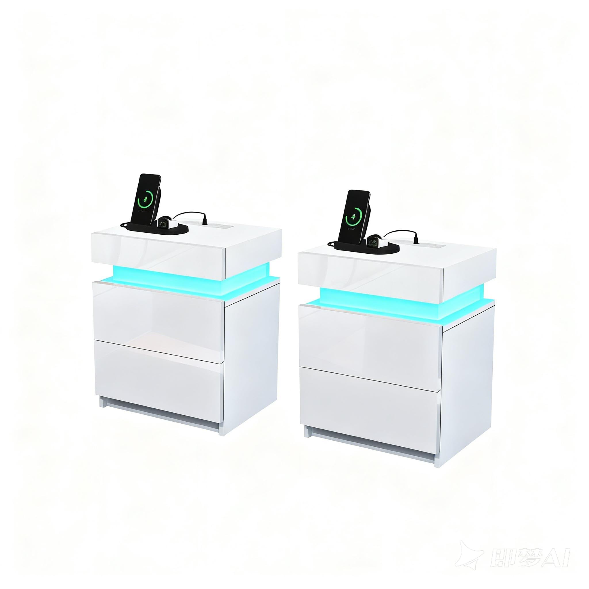 2 Pack White Bedside Table UK Power Socket USB Ports LED Light 2 Drawers