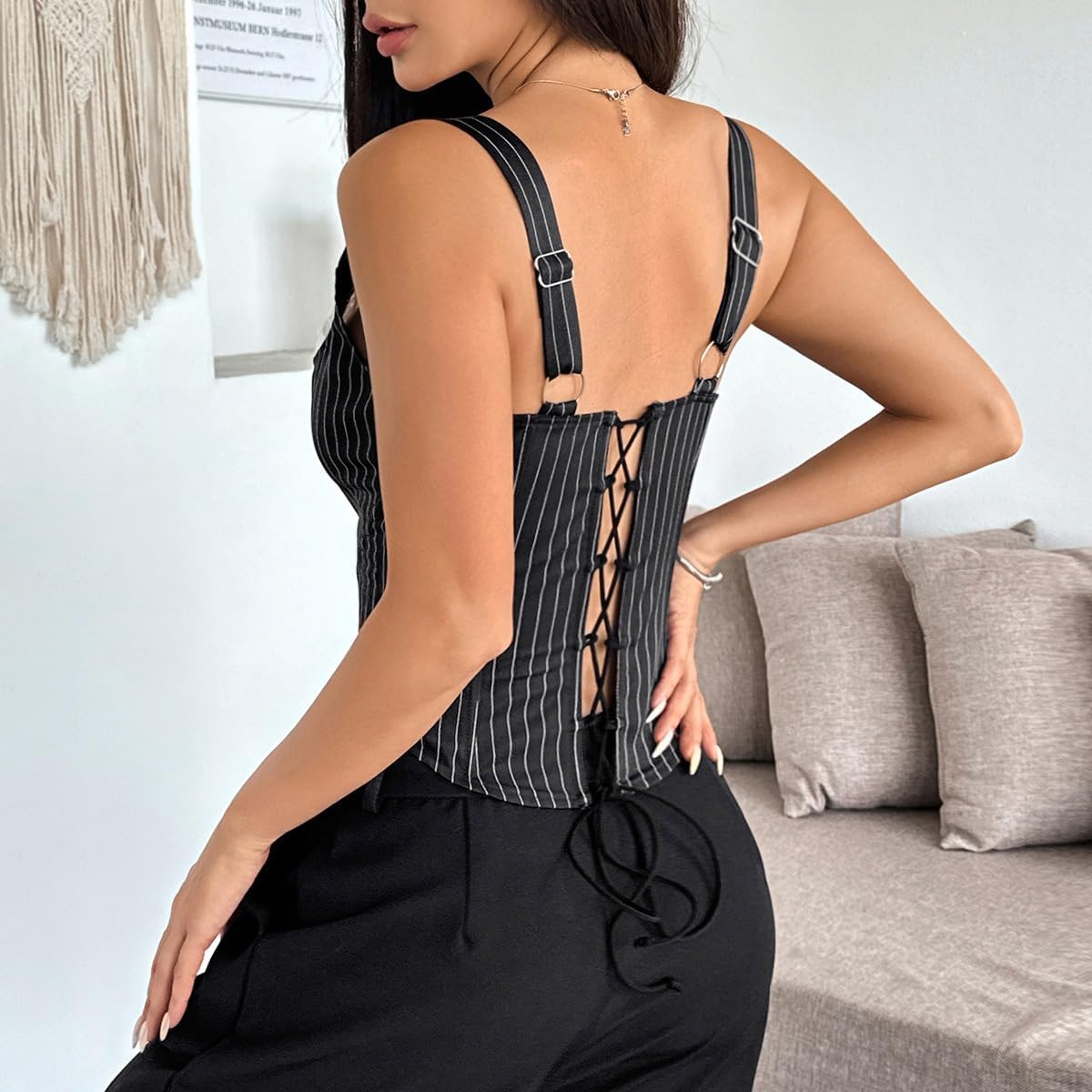 Wide Strap Stripe Lace-Up Corset Tops for Women Going Out Sleeveless Slim Fit Trendy Boned Bustier Bodyshaper Crop Top - Image 5