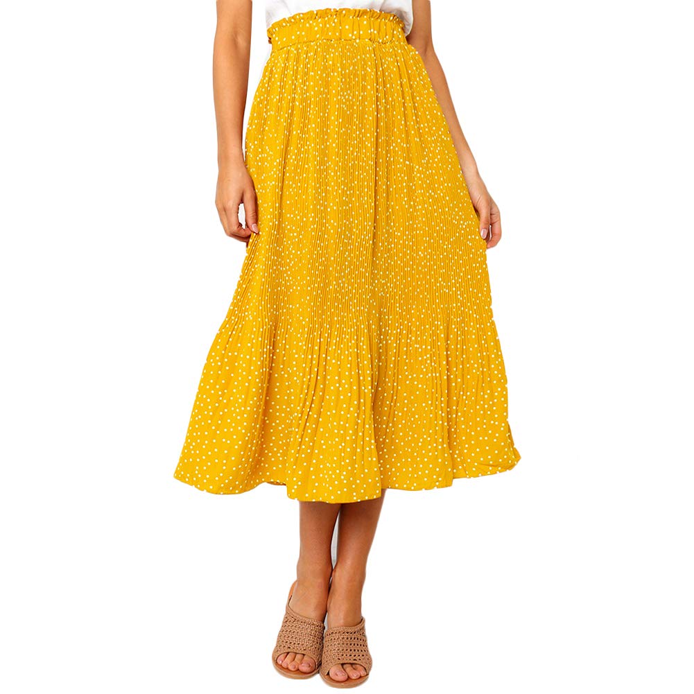 Women’s Boho Polka Dot Printed Vintage High Elastic Waist Pleated A-Line Swing Midi Skirt with Pockets