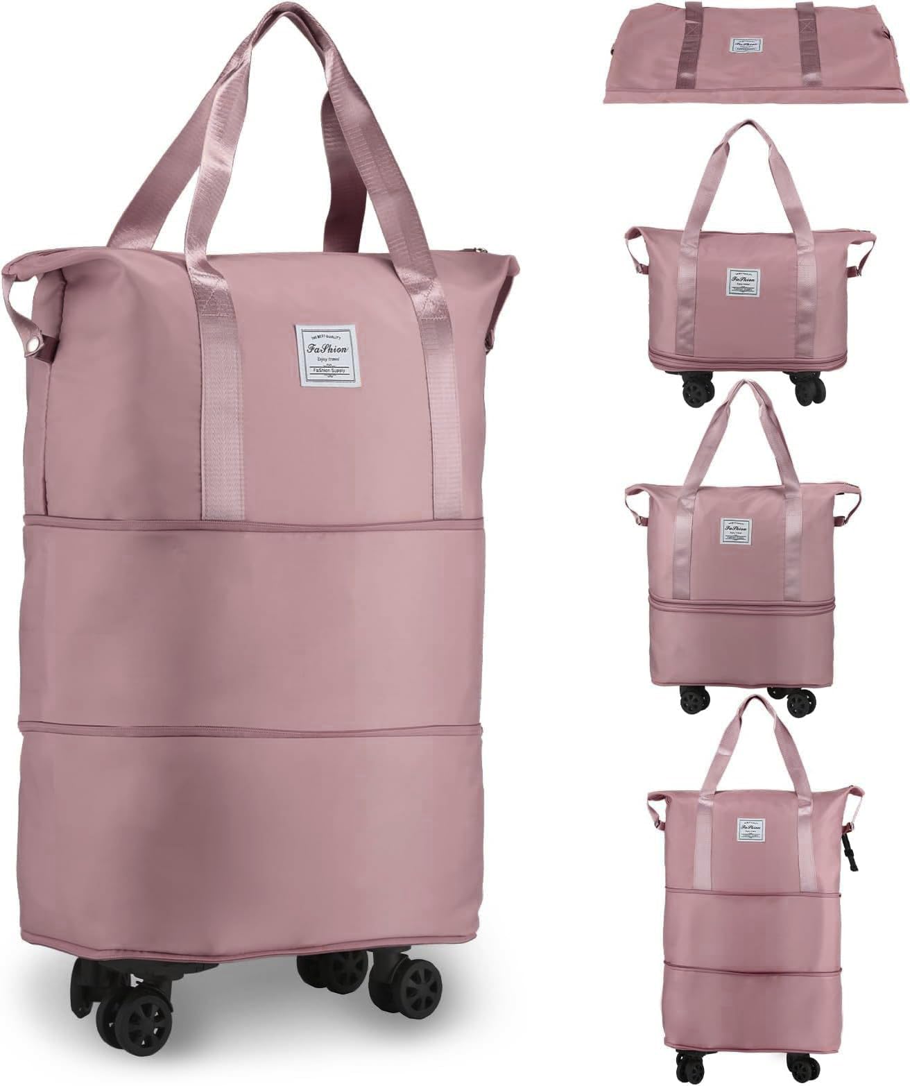 TEKCOOL Duffel Trolley Bags for Travel,Luggage Bags for Travel,Rolling Duffle Bag with Wheels,Travel Bags for Luggage Trolley,Expandable Foldable Duffle Bag with Wheels - Pink,