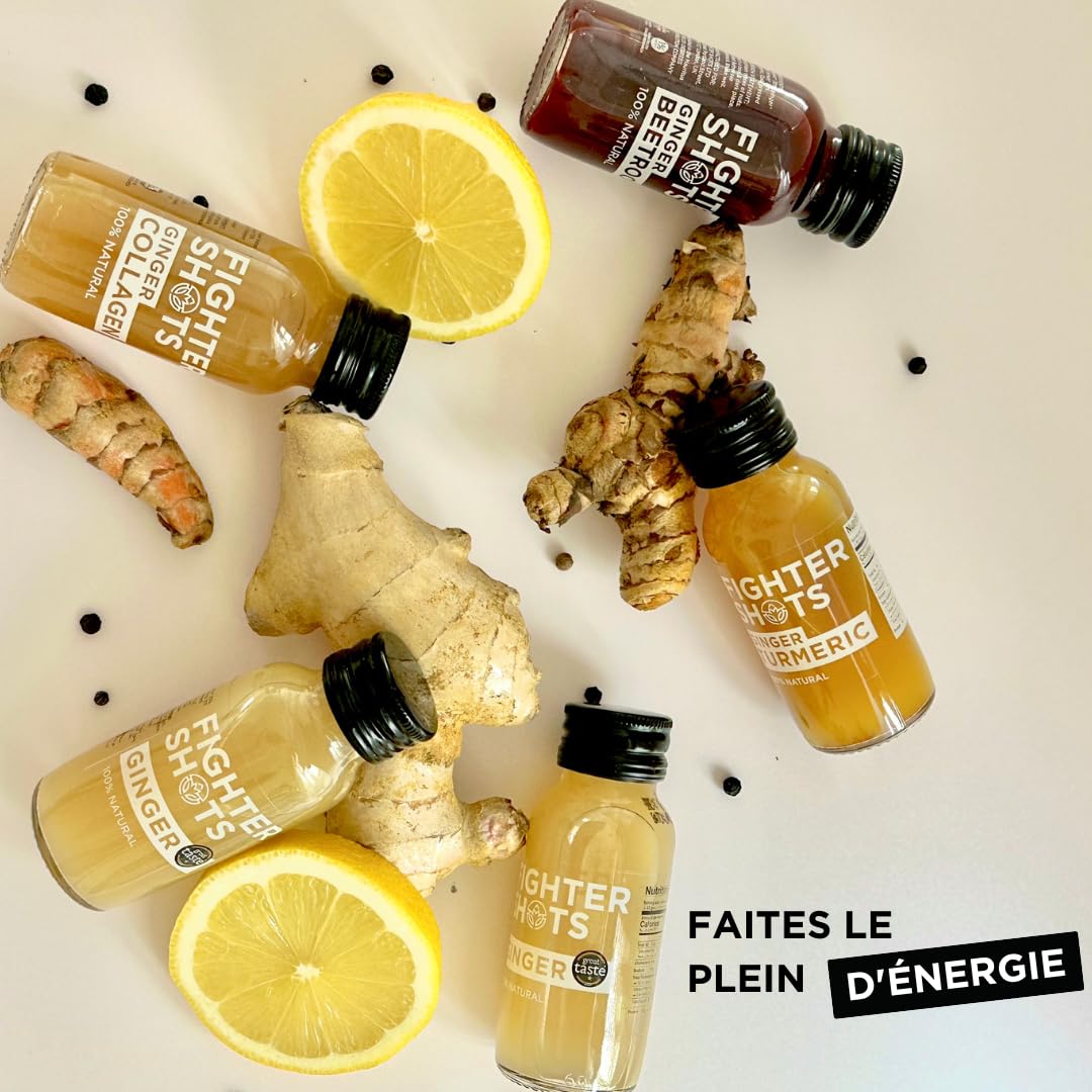 Fighter Shots Pack mixte de 6 saveurs (12x60ml) | 2 Gingembre / 2 Curcuma / 2 Collagène / 2 Betterave / 2 Manuka / 2 Curcuma Végan | 100% Naturel | Sans Conservateurs