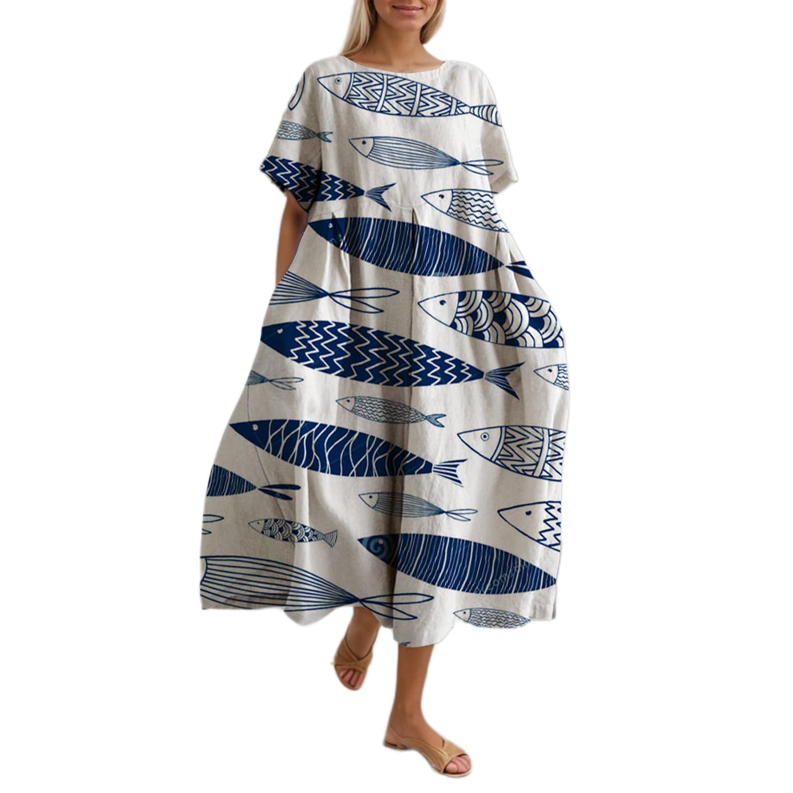 Women's Summer Boho Floral Cute Maxi Dress Flowy Casual Loose Short Sleeve Holiday Tshirt Dress with Pockets