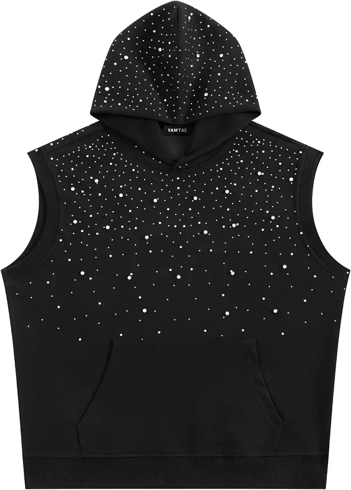 Vamtac Sleeveless Rhinestone Hoodies for Men Glitter Oversized Streetwear Hoodie Hip Hop Hooded Sweatshirts