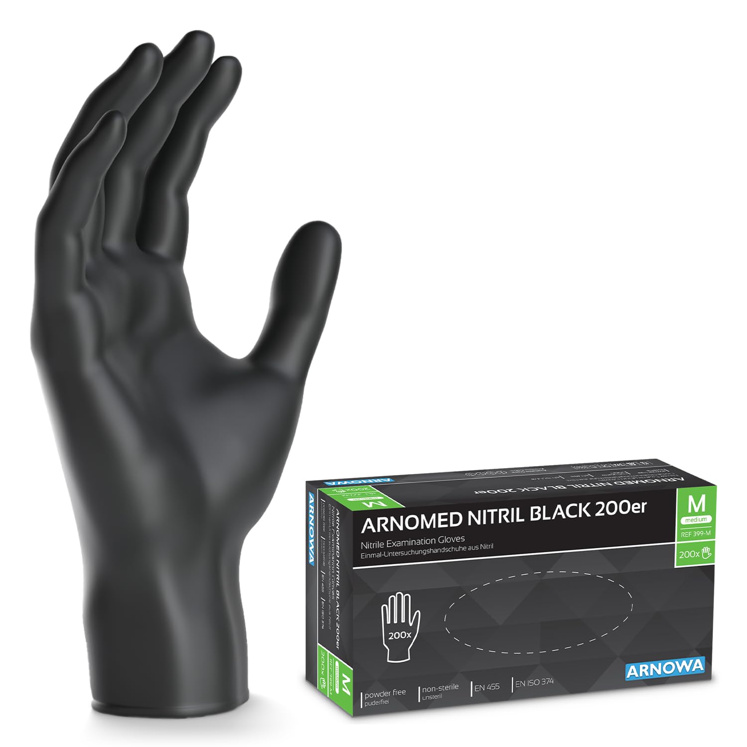 200x ARNOMED Einweghandschuhe Schwarz, Einmalhandschuhe M, Nitrilhandschuhe, Handschuhe Einweg puderfrei, latexfreie Gummihandschuhe, Einweghandschuhe in XS, S, M, L & XL verfügbar