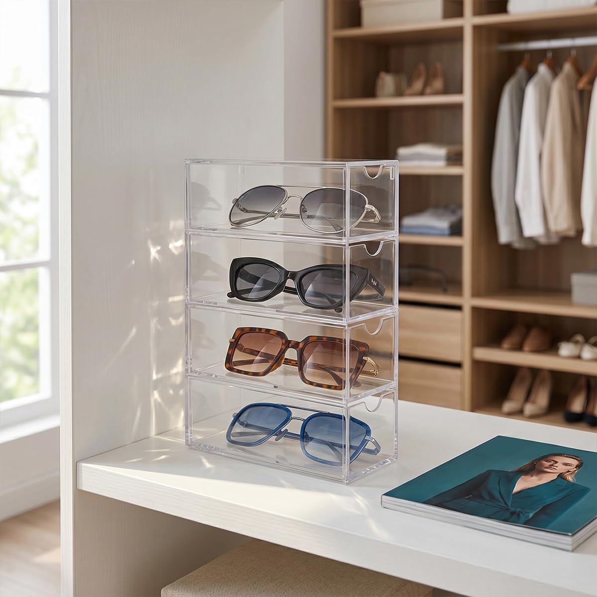 Organizador de Gafas de Sol Acrílico 24,5 x 17,5 x 6,5 cm Caja con 4 Cajones Transparente Apilable