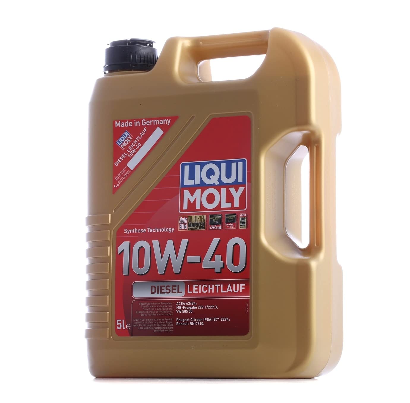LIQUI MOLY Aceite de motor 10W-40 Leichtlauf aceite parcialmente sintético ACEA A3/B4 Diesel 5L Compatible con KIA RIO III UB, CITROËN C1 PM, PN, PEUGEOT 107 Hatchback PM, PN, RENAULT