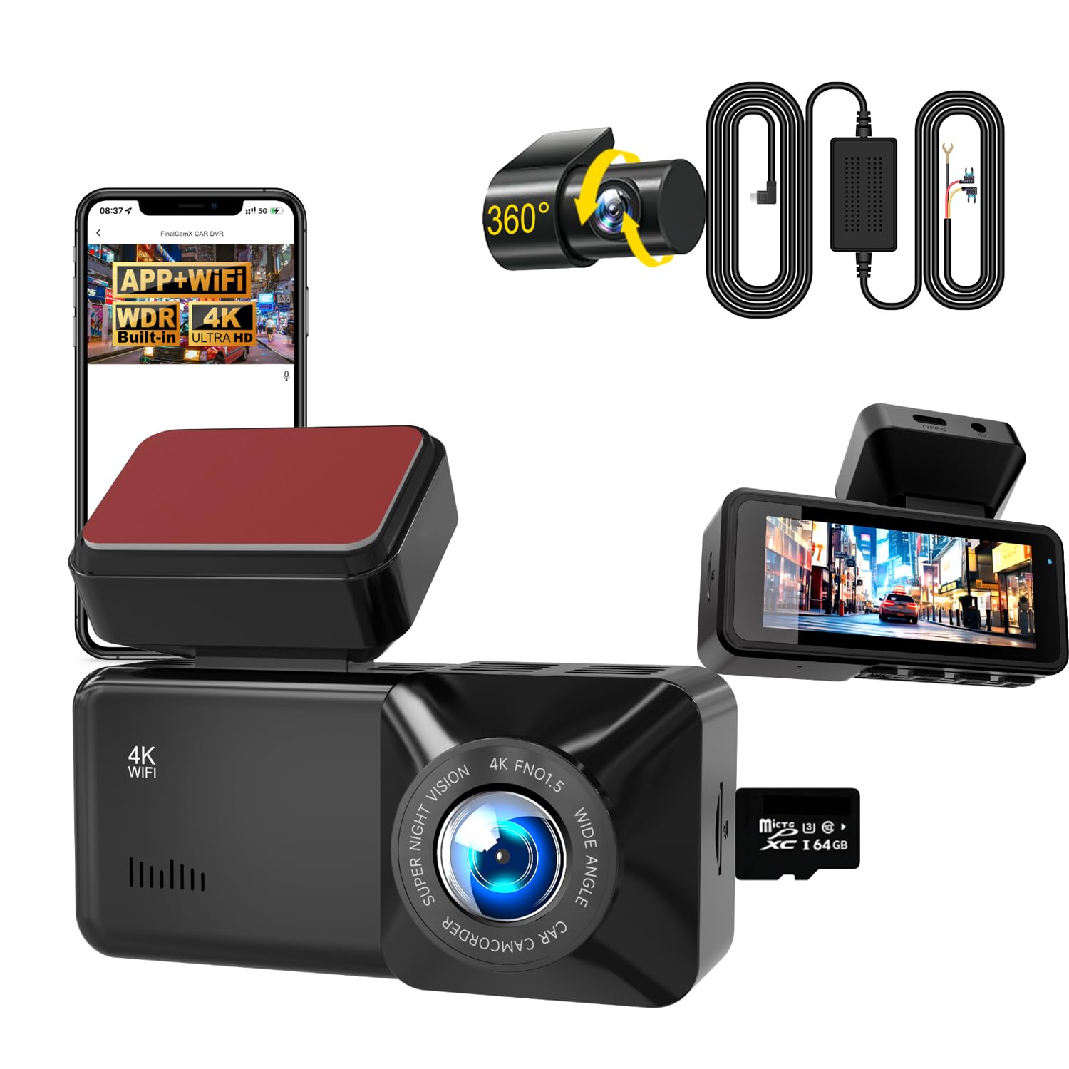 Osmo-s Dashcam Pro 2.0 Verbesserte Version 2026 4K Dashcam Auto Vorne Hinten mit GPS Tracking, WLAN & App, 170° Weitwinkel, 24h Parküberwachung, G-Sensor, Loop Aufnahme, Hardware-Kit & Auto Ladegerät