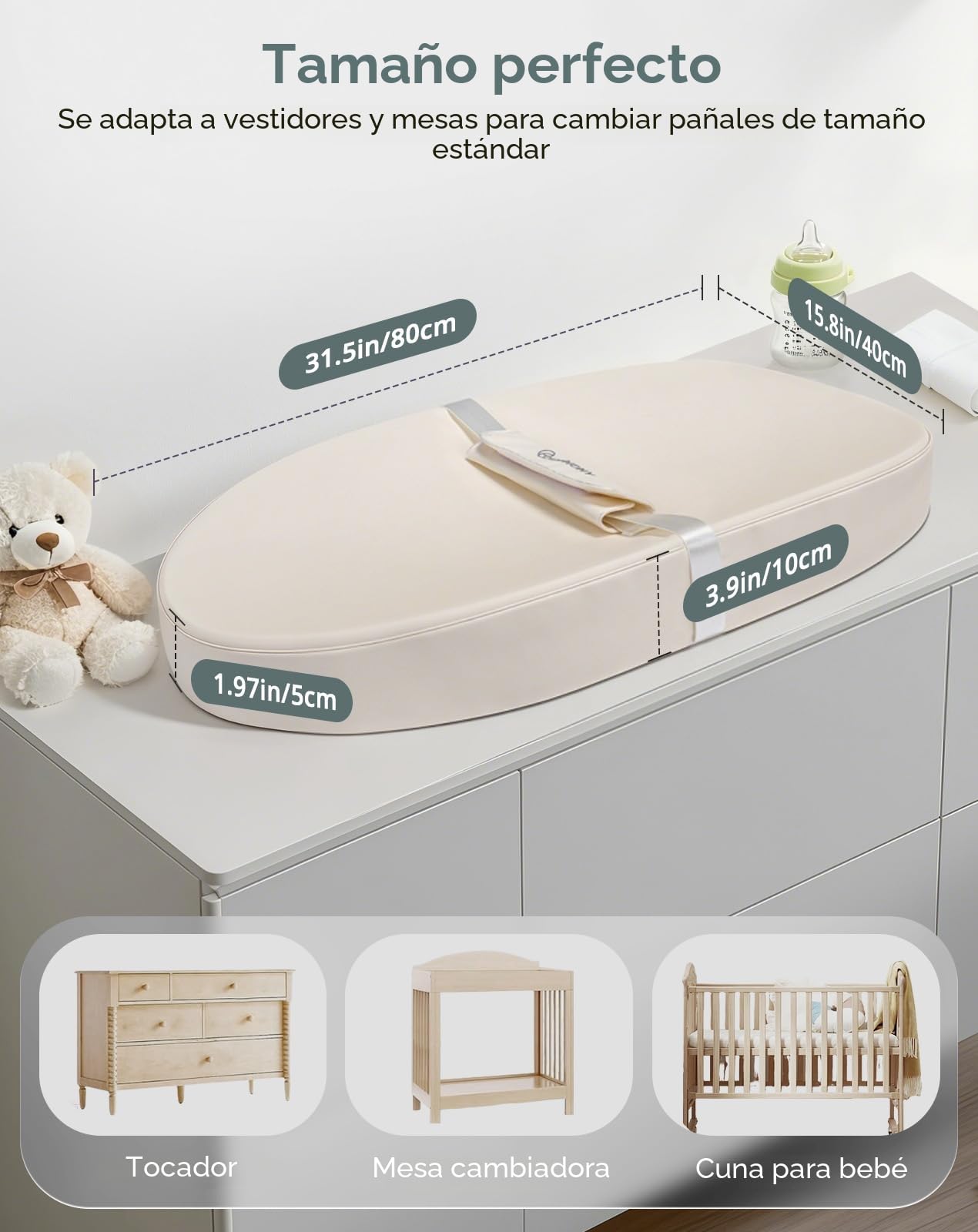COMOMY Cambiador de piel vegana, 80 x 40 cm, impermeable y lavable, con cinturón de seguridad y diseño antideslizante, suave y ligero (beige)