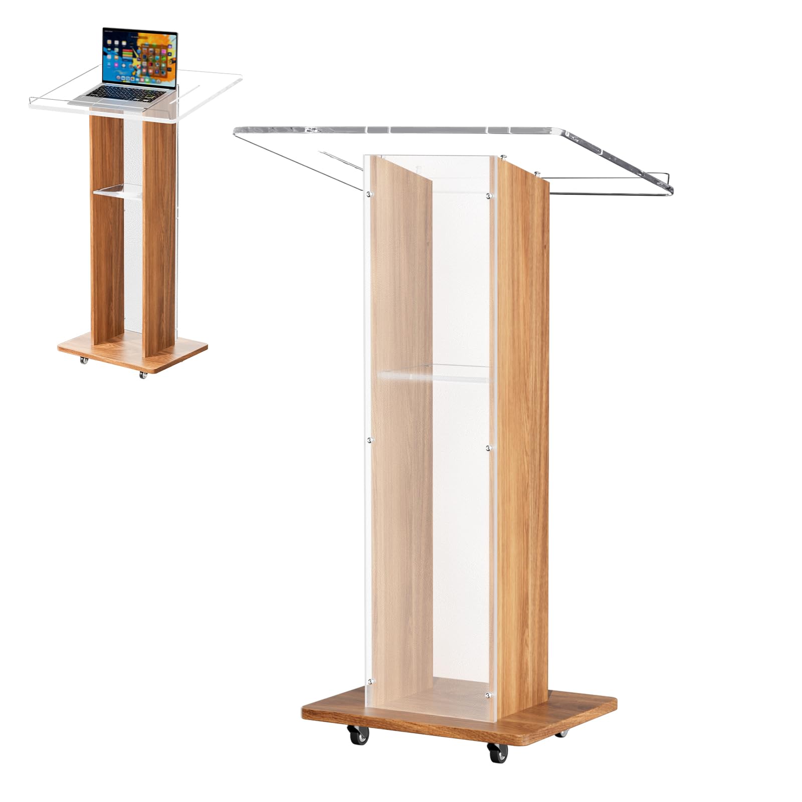 Acrylic Podium Stand, Ultra Clear 43'' Pulpits for Churches with 15 Color Adjustable, Modern Lectern with Storage Sheld for Church,Conference,Speech, 23.62”x 15.75”X 43.3” (Style 1)