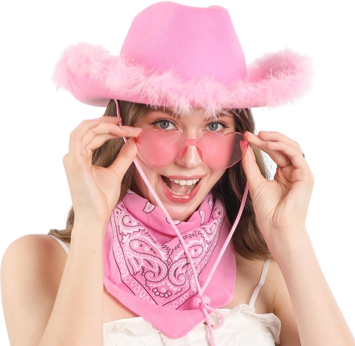 Pink Cowgirl Hat with Bandana and Sunglasses - Pink Cowboy Hat for Women and Teens, Fun Cow Girl Hat, Cowgirl Costume