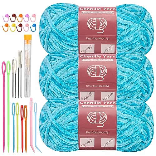 Image of LUNARM Chenille Yarn 3 Pack 3.5oz Chunky Blanket Velvet Yarn 263 Yard | Blue Chunky Chenille Yarn for Beginners Crocheting Hand Knitting Scarves with Big Eye Needles Machine Washable