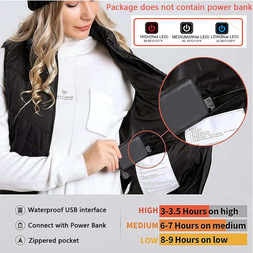 Monave Gilet Chauffant Femme,Veste Chauffante avec 9 Coussinets Chauffants en Fibre de Carbone,3 Niveaux de Température,Gilet Chauffant pour Moto Pêche Ski Activités de Plein Air Noir