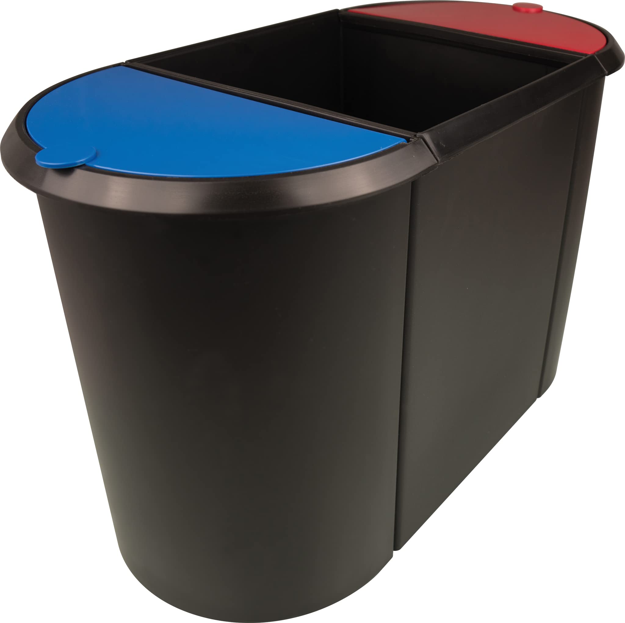 helit H6103597 - Papierkorb „the triple“, oval, umlaufender Griffrand, schwarz / rot / blau, Mülleimer 3 Fächer | Mülleimer mit 3 Fächern und umlaufendem Griffrand zur Mülltrennung
