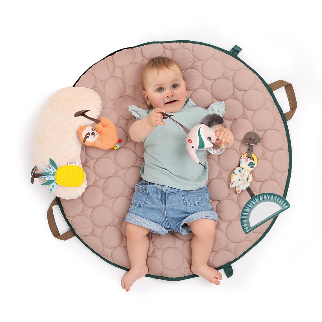 LUDI — Holzbogen-Teppich — Skalierbarer Teppich — Abnehmbare Holzbögen — 5 abnehmbare Aktivitäten — 1 Bauchkissen — Stimuliert die Sinne des Babys — von Geburt an