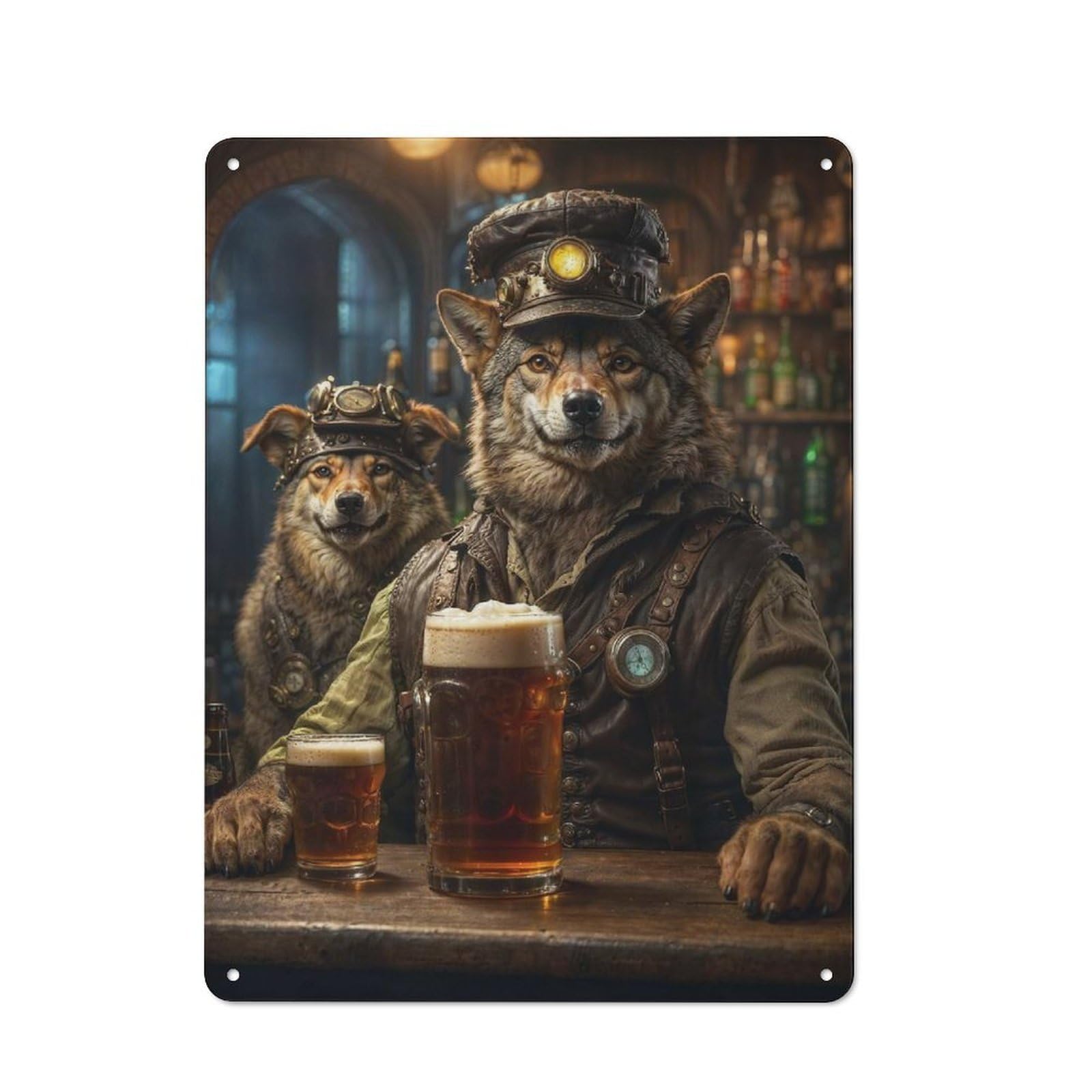 Steampunk Craft Beer Wolf Vintage Metal Wall Decor 40x30cm, Garage Metal Sign for Workshop, Basement, Shed Or Games Room