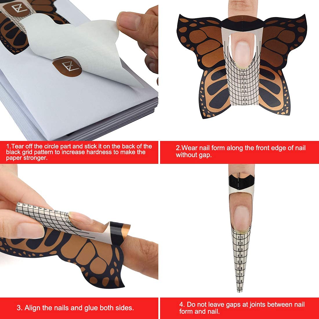 100pcs Pro Butterfly Square Tips Nail Form Forms for C Curve Acrylic UV Gel Nails Builder Nail Extension Nail Art Tool Guide Stickers Dispenser, HJ-NTF038