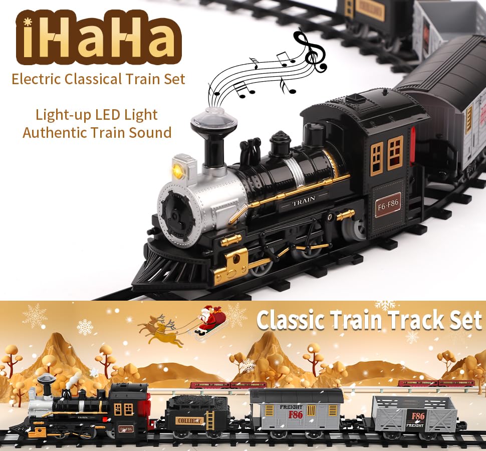 iHaHa Electric Train Set for Kids, Battery-Powered Train Toys Include Locomotive Engine, 3 Cars and 10 Tracks, Classic Toy Train Set Halloween Birthday for 3 4 5 6 Years Old Boys Girls