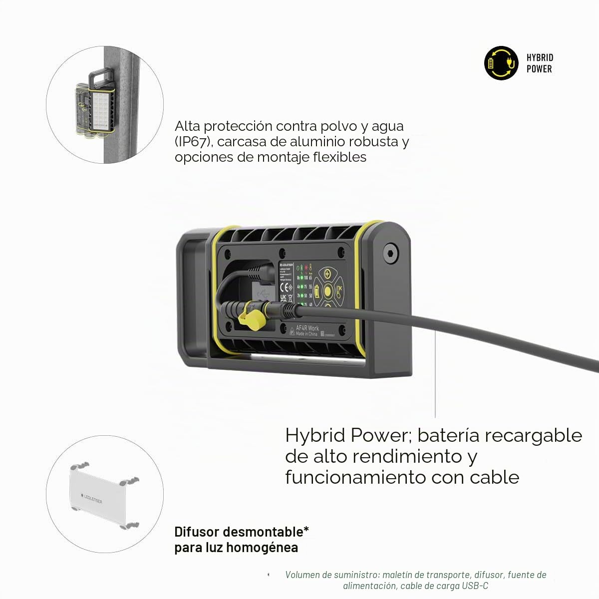 Ledlenser AF4R Work Rechargeable Floodlight, 2000lm, up to 20h Run Time | Luz blanca o cálida, regulable, portátil y con enchufe de red, magnética, IP67, USB-C, lámpara LED para taller y garaje
