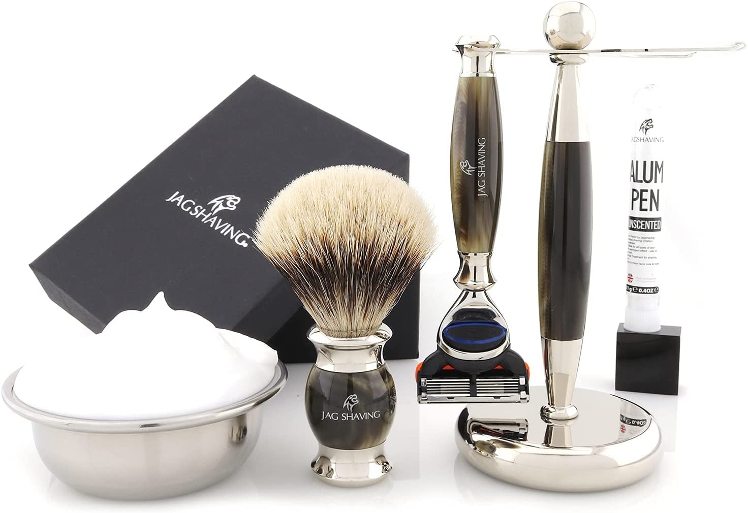 Jag Shaving Rasierset – 3-teiliges Rasierset – Jag's Lee Range – Silberspitz Dachshaar Rasierpinsel – 5 Rasierklingen Rasierhobel – Rasierständer – Grüne Hornimitation