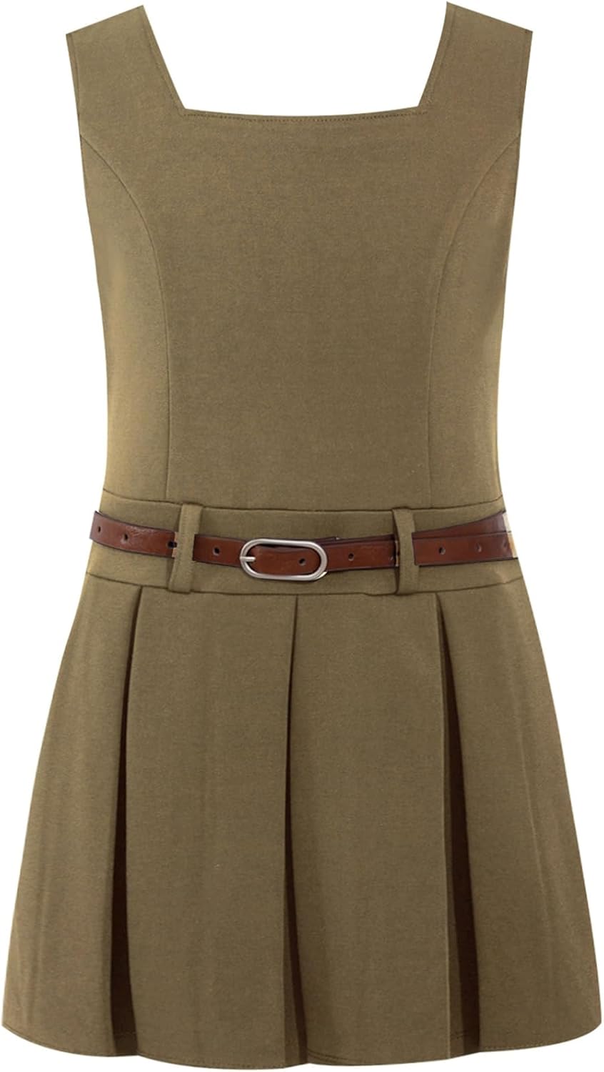 FEESHOW Kids Girls School Uniform Dress Square Neck V-Back Sleeveless Pleated Dress with Belt Daily Wear