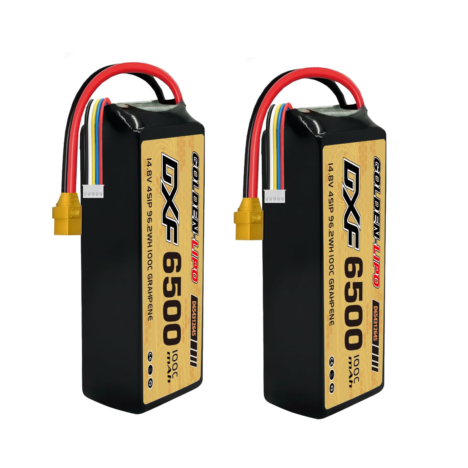 DXF Batteria 4S LiPo 14,8 V 6500 mAh 100 C XT90 – RC Lipo batteria 4S per auto, aeroplano, elicottero, barca, batteria ai polimeri di litio, confezione da 2 pezzi