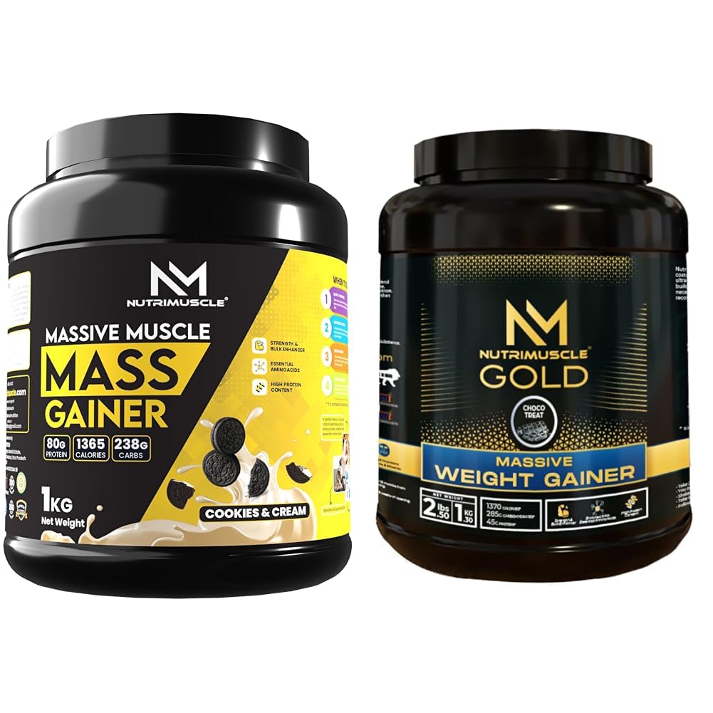 Nutrimuscle Massive Muscle Mass Gainer - 1 Kg - Cookies & Cream Flavour - For Muscle, Mass and Str | Nutrimuscle Massive GOLD Weight Gainer - 2.5 Lbs - 1.134 Kgs - Choco Treat-image-47