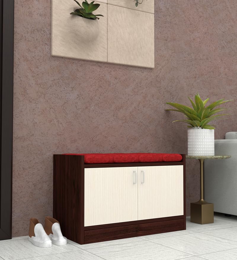 Image of 2 Door Wooden Shoe Rack with Cushioned Seating Bench for Entryway | Shoe Storage Cabinet with Doors for Home & Hallway | Space Saving Shoe Organizer Stand | Red Cushion Cream Brown | DIY Assembly