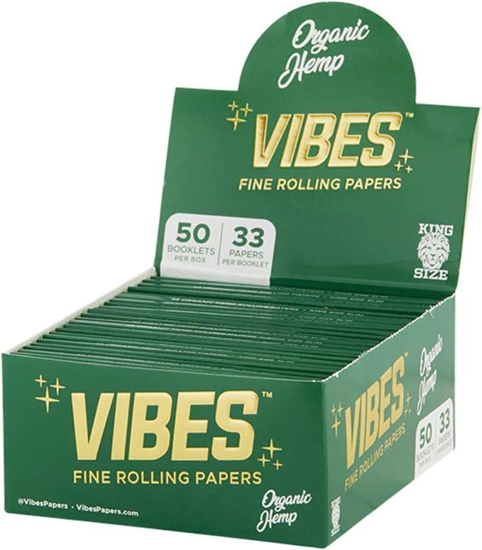 Vibes Rolling Papers King Size Slim - Ultra Thin, 50 Count Display Box 33 Sheets Per Pack Natural Hemp Paper and Arabic Gum, Chlorine Free Technology (Ultra Thin, King Size)