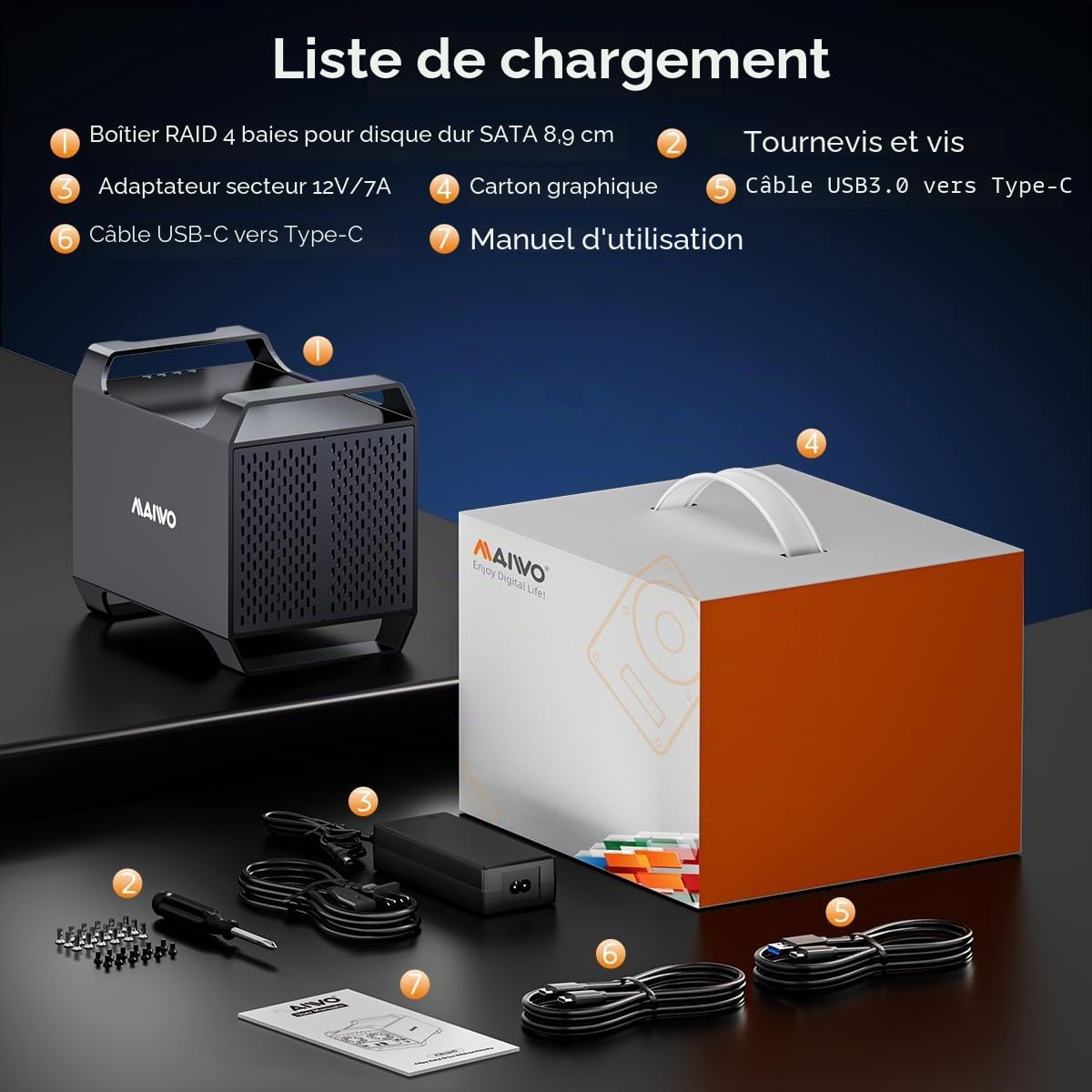 MAIWO Boîtier RAID 4 baies pour disque dur SATA 3,5" avec ventilateur de refroidissement, câble USB A-C 3.0 et C-C inclus, prend en charge Raid Normal, 0,3,5,1/10, Clone/Large (Jbod) et capacité de 96