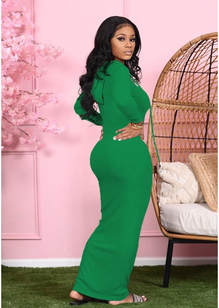 Long Sleeve Bodycon Maxi Dress for Women One Piece Hoodie Sweatshirt Dresses - Image 4