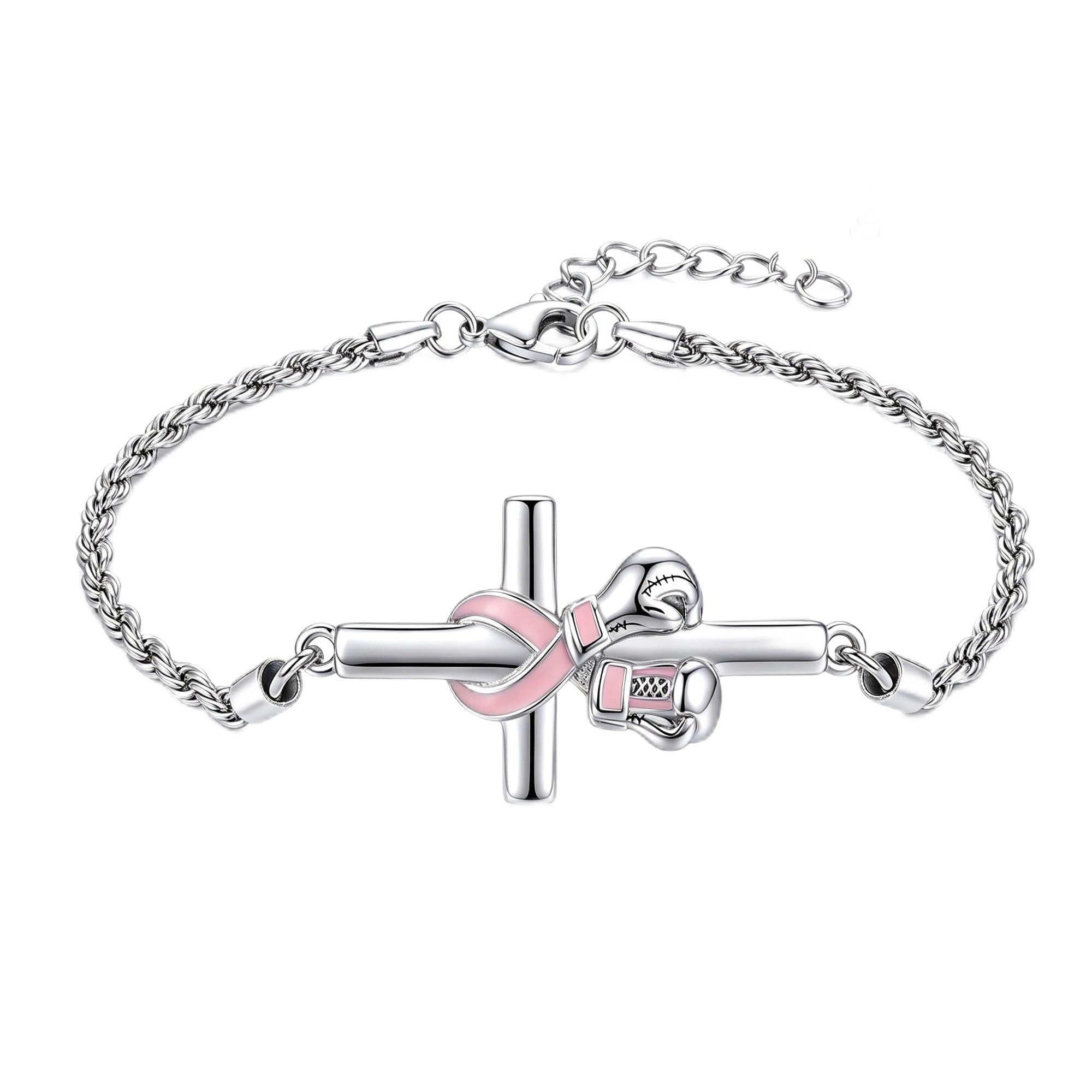 DAYLINLOVE Brustkrebs Armband 925 Sterling Silber Rosa Kreuz Boxhandschuhe Armbänder Brustkrebs Bewusstsein Überlebende Schmuck Geschenk für Damen Frauen Mütter Oma